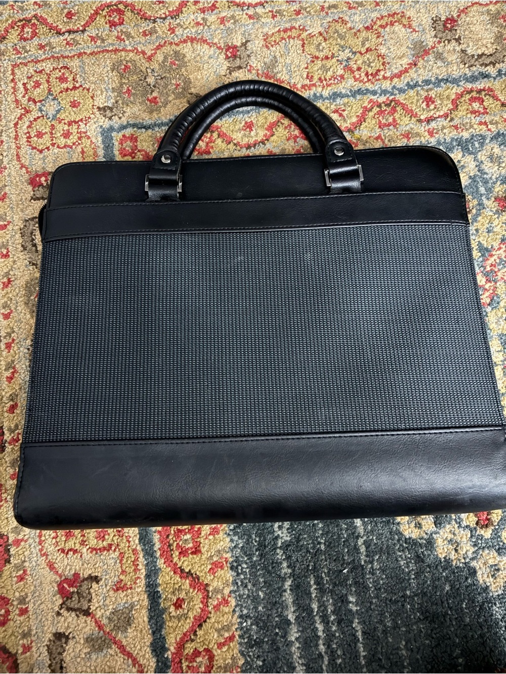 Men's Black Professional Briefcase - Textured Fabric & Leather - Picture 3 of 4